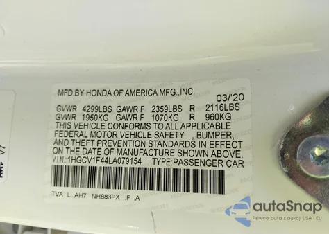 2020 Honda Accord Ex z USA, uszkodzony, nr VIN 1HGCV1F44LA079154